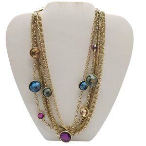 Multi-Strand Gold-Tone Chain Necklace With Colorful Faceted Gemstones